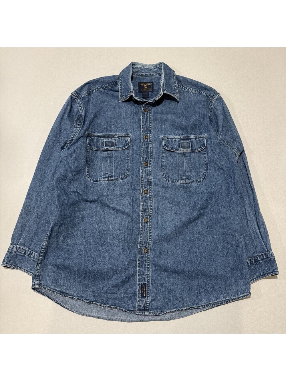 Vintage Woolrich Denim Shirt Long Sleeve Size L Blue Button Down Workwear Men’s